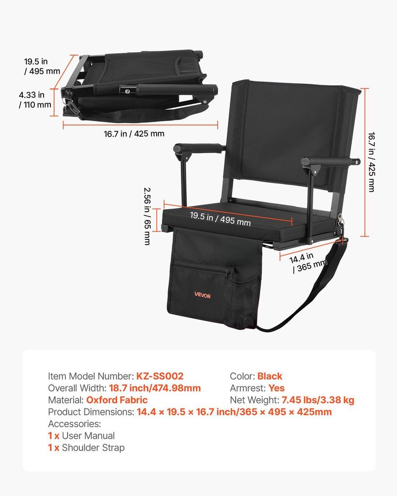 Stadium Seat, Portable Bleacher Seat with Armrest, Back Support and Thick Cushion, Bench Chair for Bleacher Includes Shoulder Strap, Hooks, Cup