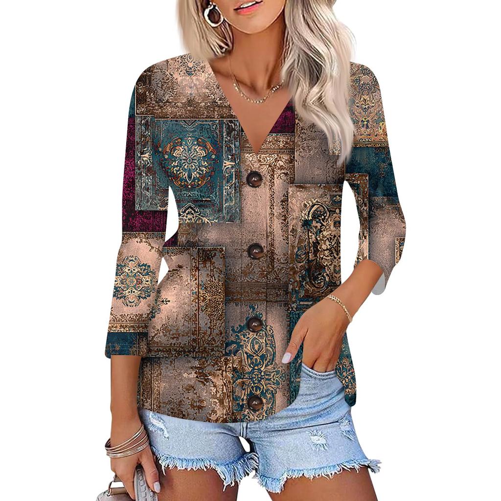 Women's Fashion Casual Print Button-down Shirt 3/4 Long Sleeve Tops