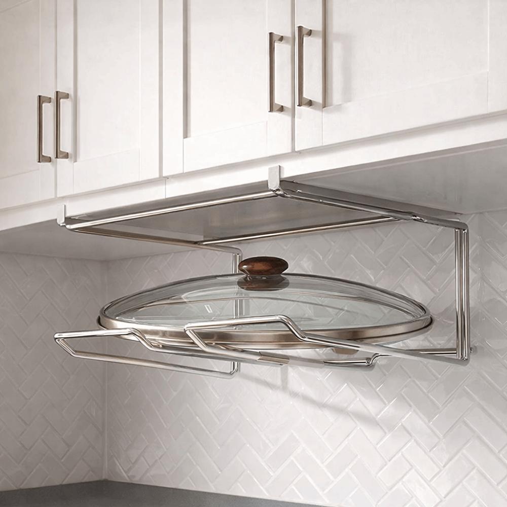 Wall Mounted Under Cabinet Storage Rack No-Drill Pot Lid Storage Rack for Kitchen