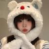 Chapéu cachecol de urso de pelúcia com laço fofo em um só para mulheres 2025 Quente Pelúcia Proteção para as orelhas Lei Feng