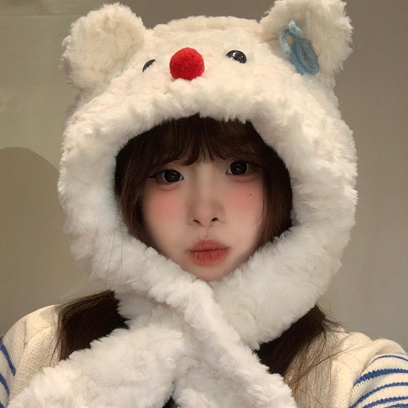 Chapéu cachecol de urso de pelúcia com laço fofo em um só para mulheres 2025 Quente Pelúcia Proteção para as orelhas Lei Feng