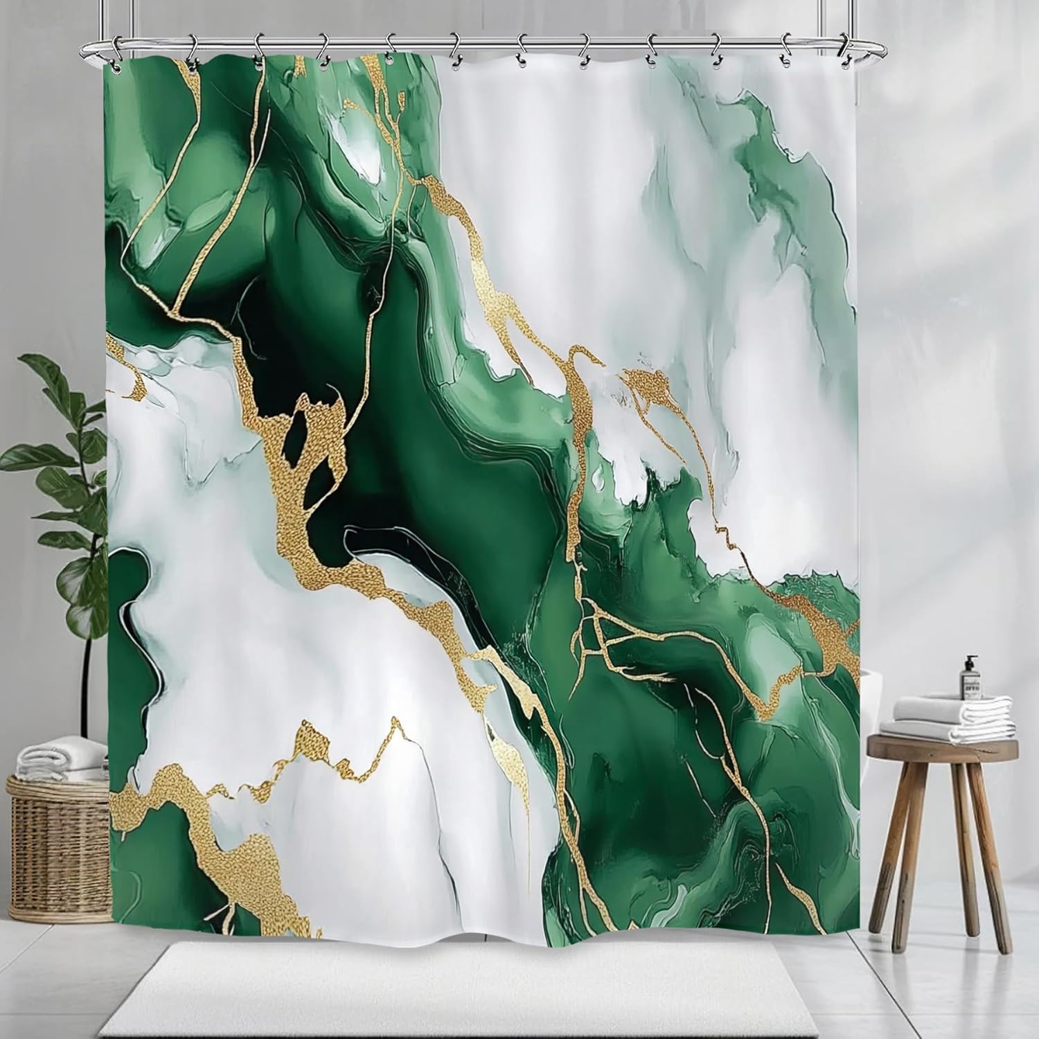

Green Marble Gold Vein Waterproof Polyester Shower Curtain 180X180Cm - Luxury Modern Bathroom Decor With Hooks For Home Textiles W60H190(CM)-1 Pcs