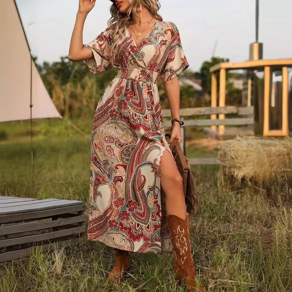 Women Casual Short Sleeve V Neck Bohemian Holiday Style Retro Flower Printed One Piece Dress