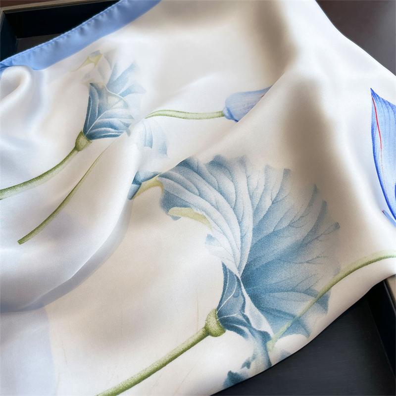 Summer Blue Lotus Silk-like Scarf 70x70cm Women Silk Scarves Luxury Bandana Hijab Neckerchief Shawl Kerchief Hair Band Foulard