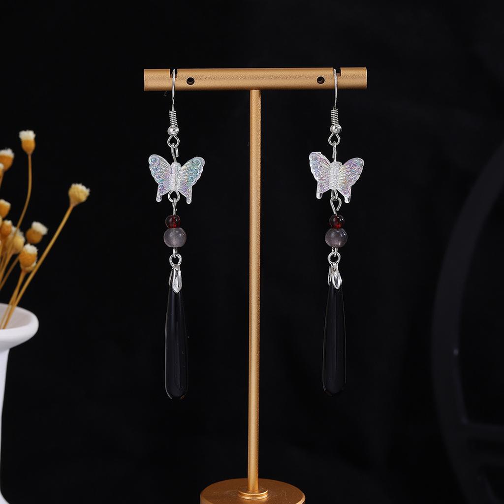 Butterfly Water Drop Pearl Fringed Ear Hook Female, Guochao Light Luxury Safety Buckle Ancient Cheongsam Earrings