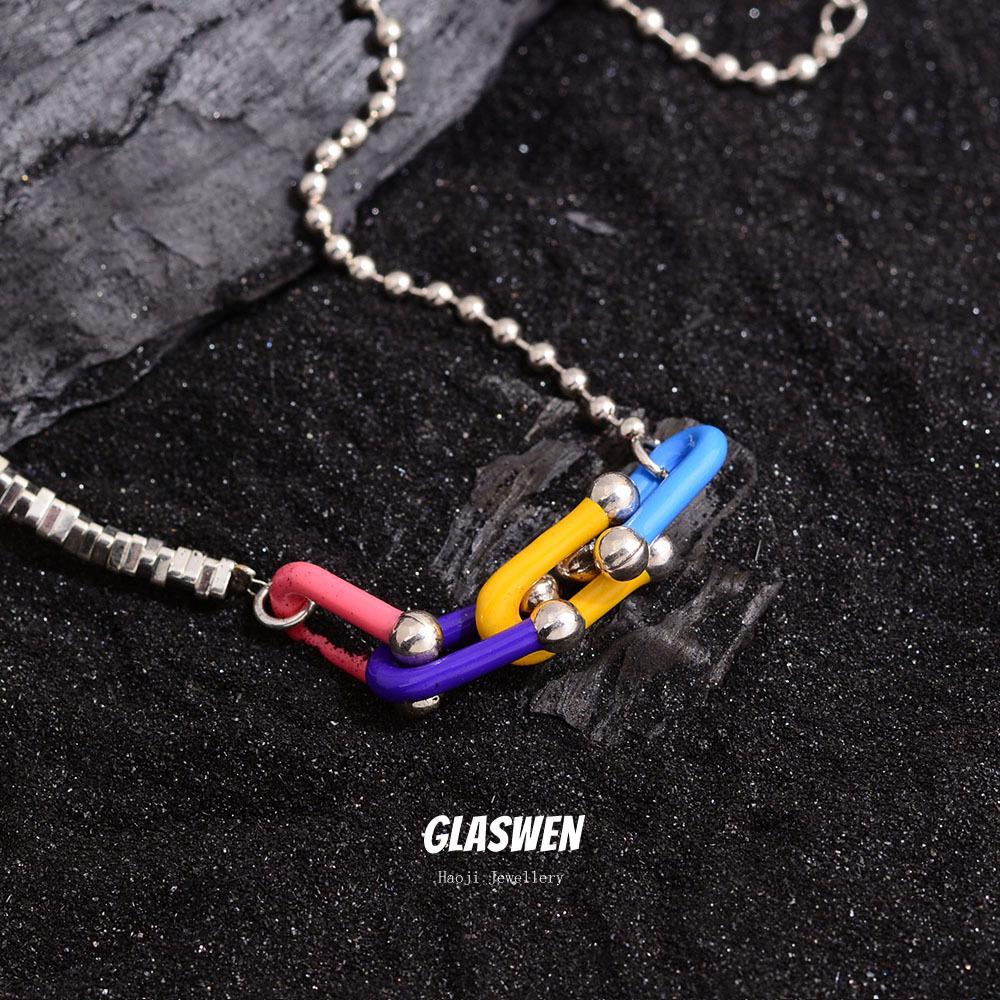 High-End Personality Enamel Colored Horseshoe Broken Silver Necklace Women S Niche Design Cold Wind Versatile Beaded Accessories