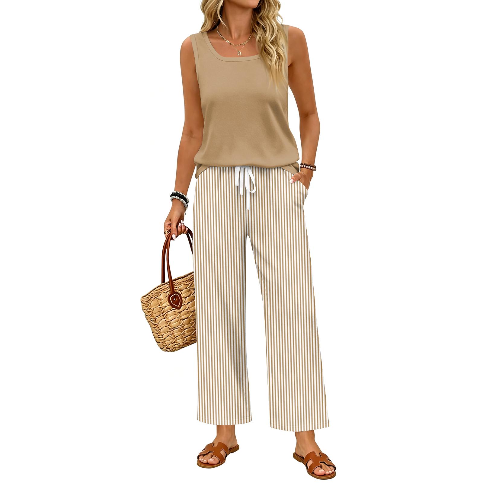 

Women Sleeveless Tank Top and Striped Wide Leg Pants Two Piece Set Casual Outfit for Travel Vacation and Home Relaxation XL