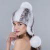 Winter Nerzfellmütze für Damen Echte Fellstreifen Gestrickte Beanie mit Fuchsfell-Bommel Ohrenklappenmützen Mit Ohrenschützern