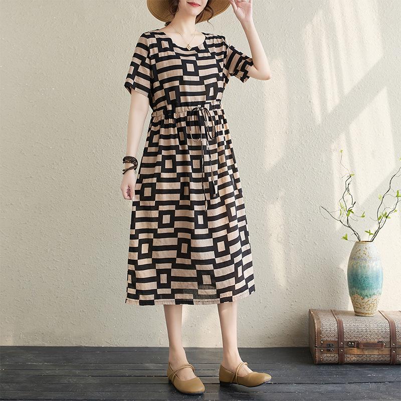 Real Shot Summer New Cotton and Linen Literary and Retro Ethnic Style Waist Thin Short-sleeved Dress Women
