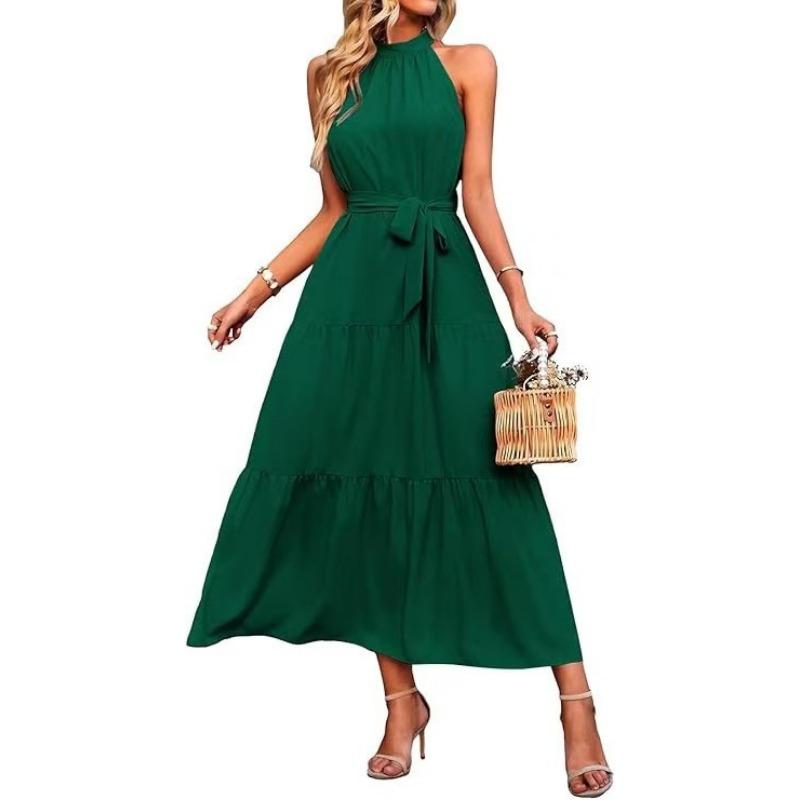 Fashion Sleeveless Summer Elegant Long Dress New Loose Casual Women Simple Office Solid Color A-line Party Dress Female Lace-up Holiday Women Clothing