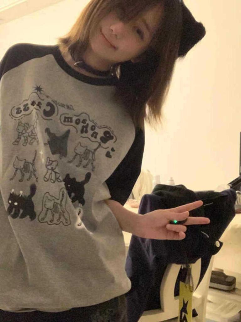 Korean Retro Cartoon Color Block Raglan Plus Size T-Shirt – Women's Summer Loose Harajuku Style Top