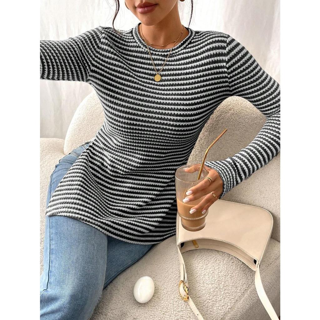 Nowa, swobodna, damska koszula z okrągłym dekoltem i długim rękawem, uniwersalny top z rozcięciem, seksowny T-shirt