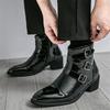Luxury Designer New Men's Pointed Patchwork Patent Leather Casual Ankle Boot Winter High Tops Monk Strap Shoes Zapatos Hombre