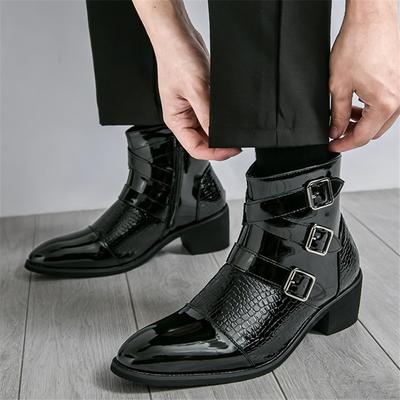 Luxury Designer New Men's Pointed Patchwork Patent Leather Casual Ankle Boot Winter High Tops Monk Strap Shoes Zapatos Hombre