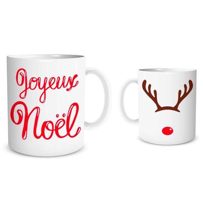 [Q3632] - Ceramic Mug 'Merry Christmas' Red White (reindeer - Clown Nose) - 9. 5x8 Cm