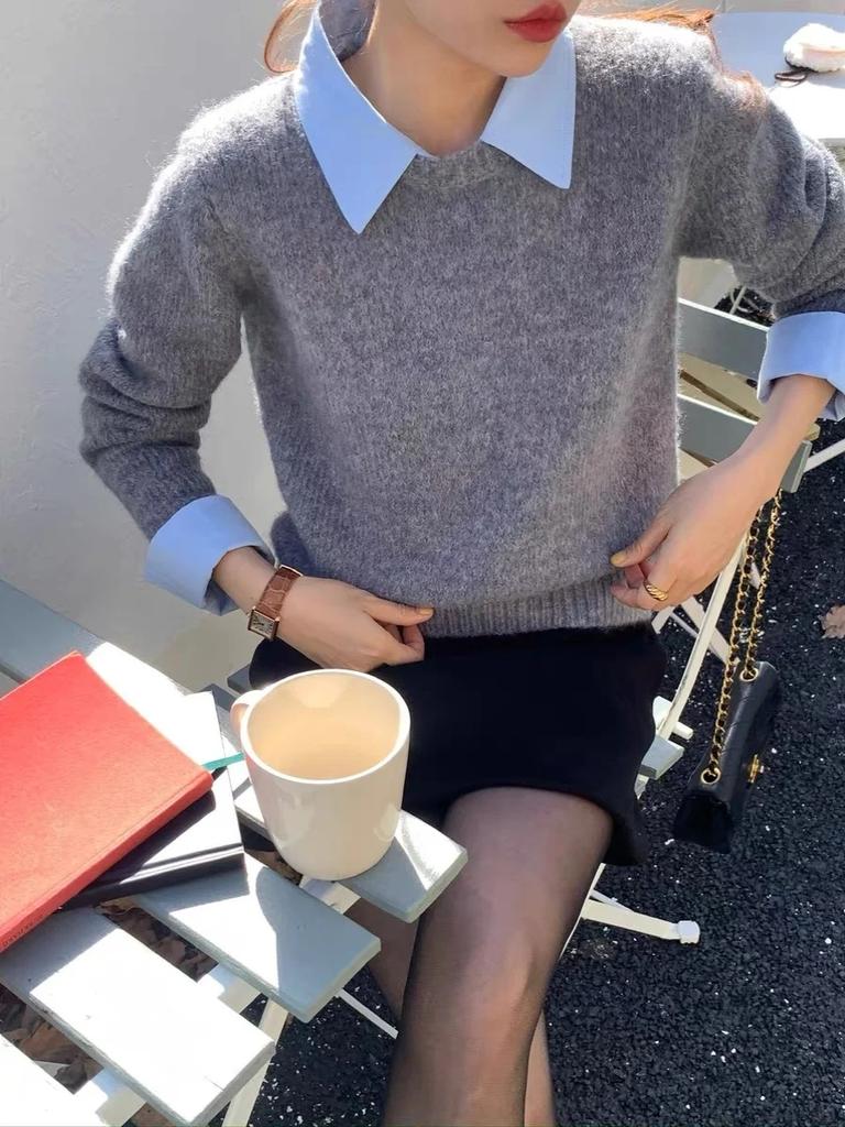 Winter Solid Knitted Pullover Sweater Women Retro Fake Two Pieces Top Pullover Female Korean Fashion Vintage Sweater 2024 New
