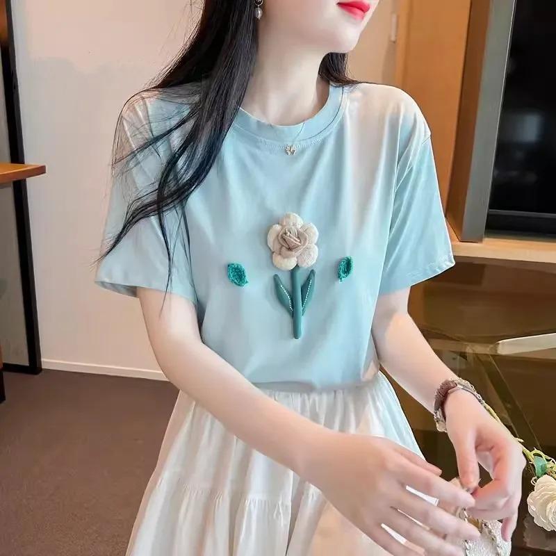 Женская элегантная светло-голубая блузка ручной работы с цветочной аппликацией, с коротким рукавом S синий