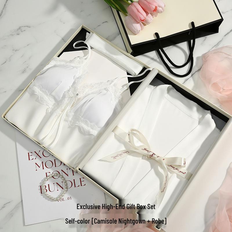Elegant Women's Ice Silk Nightgown Set with Chest Pads - Spring/Summer 2025 Gift Box Edition