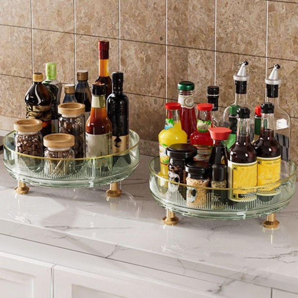 360°Rotating Rotating Spice Rack Clear Plastic Non-slip Base Storage Tray Space Saving Round Kitchen Storage Rack