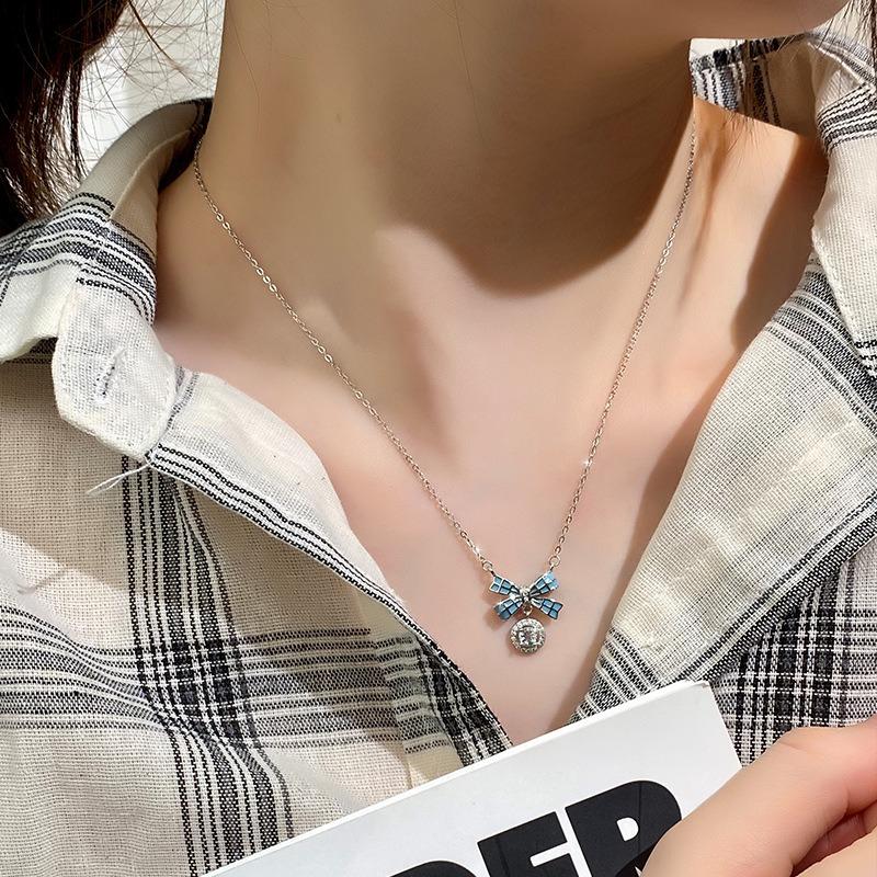 Women's S925 Sterling Silver Bow Knot Necklace Natural Amethyst Citrine Zircon Enamel Clavicle Chain Jewelry