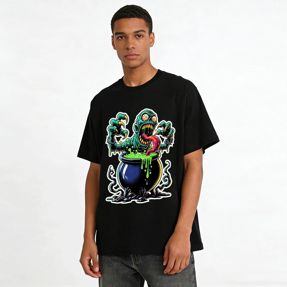 Halloween Zombie Brewing Potion Graphic Casual T-Shirt Pure Cotton T-shirt