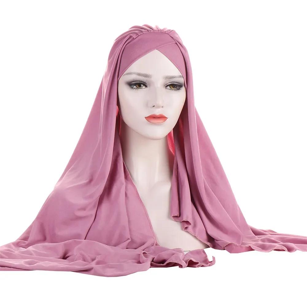 Muslim Women Long Scarf Pull On Ready Wear Instant Hijab Chemo Cap One Piece Amira Head Wrap Turban Femme Shawl Bandanas Scarves