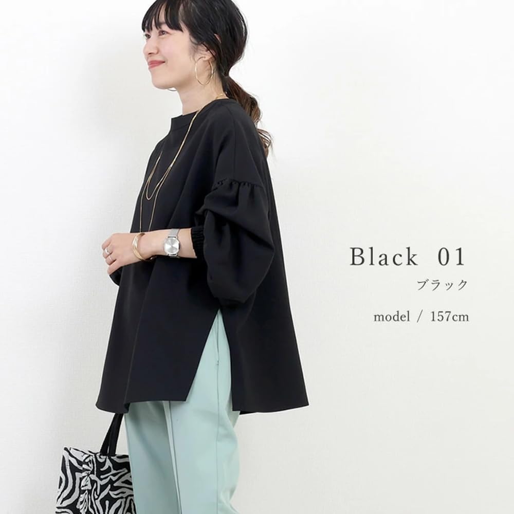 [BXINF] Women's Long Sleeve Shirt, Crew Neck, Thin, Loose Fit, Summer/Autumn, Solid Color (JP, Alphabet, Free Size, Black)