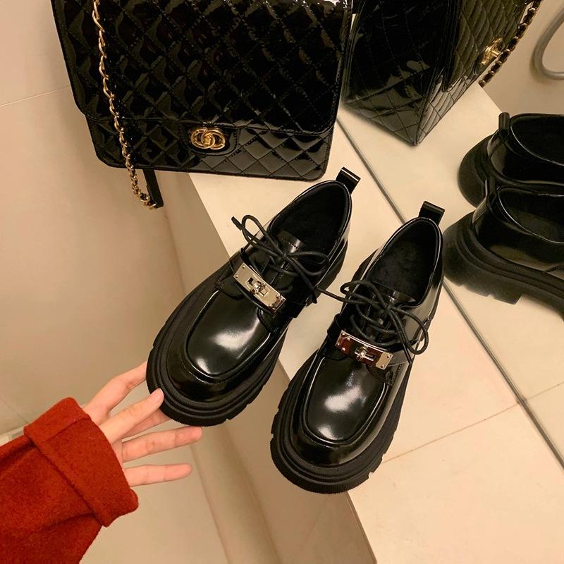 Whole Cowhide~ Grape Mother British Style Lace-up Single Shoes Thick Heel Platform Muffin Loafer Small Leather Shoes Breathable