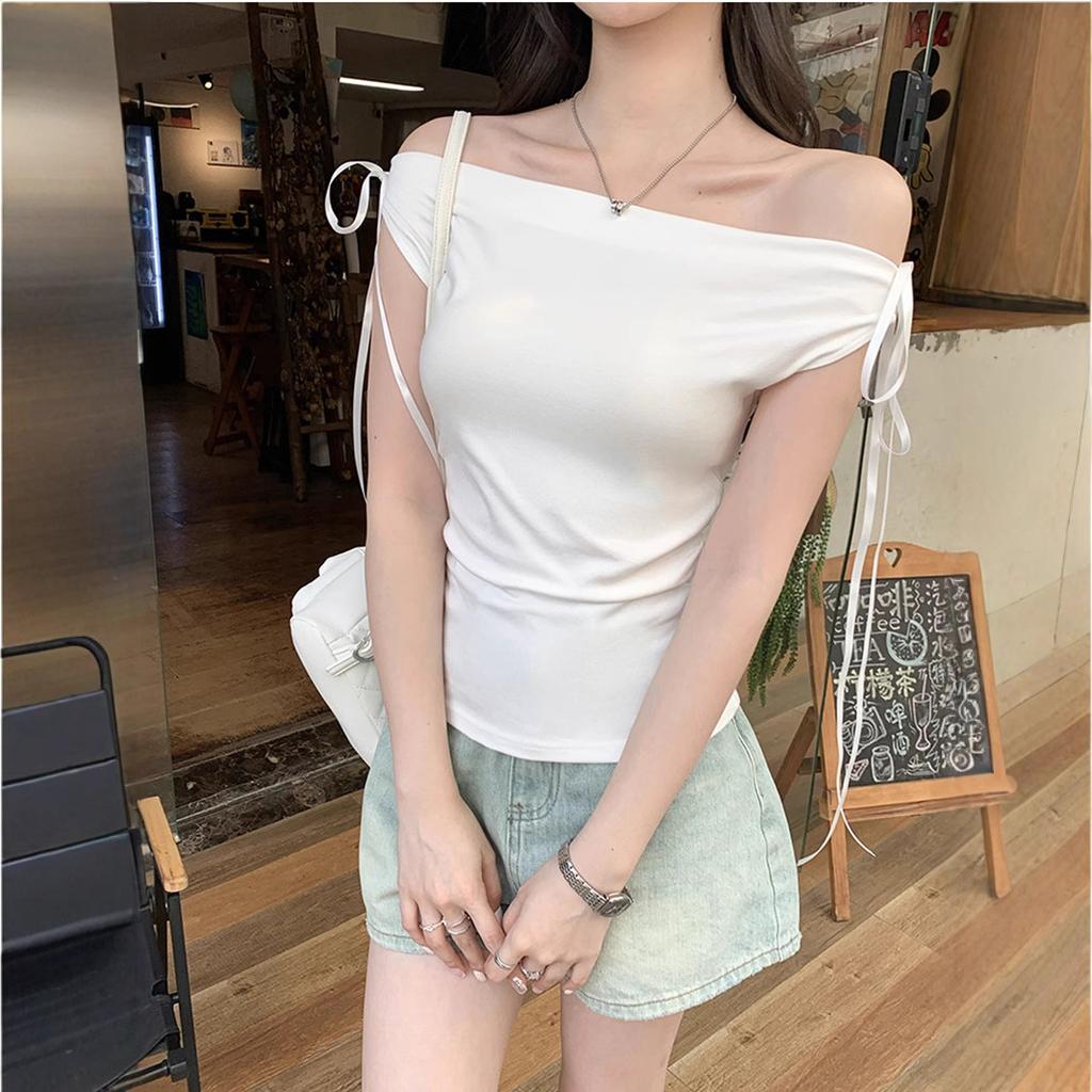Pure Desire To Lace Up One-word Shoulder Short-sleeved T-shirt Women's New Summer Dress Slim and Thin Temperament Fashion Short Top