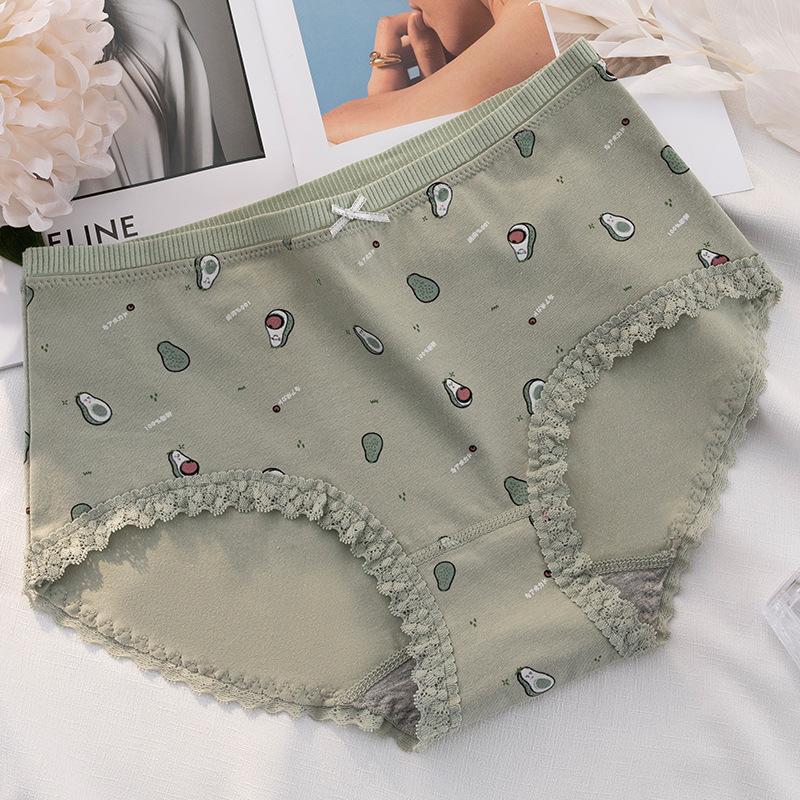 Cotton Fresh Women's Underwear Printing Cute Mid Rise Underwear Elastic Lace Edge Traceless Triangle Pants