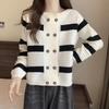 Herbst neu gestrickte Strickjacke süß schwarz-weiß gestreift lässiges langärmeliges Oberteil Damenpullover