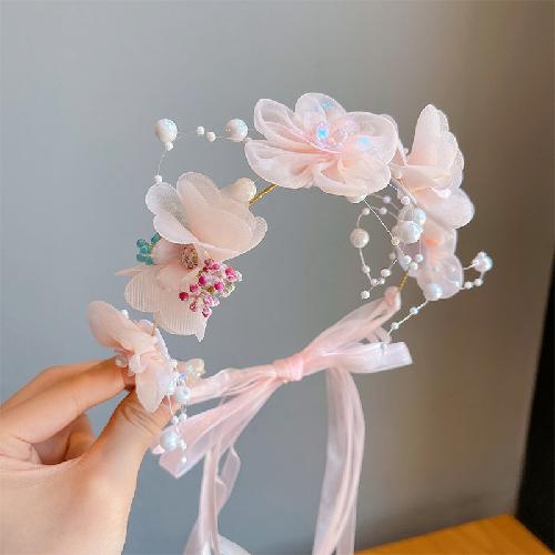 Children's Crown Flower Lace Headwear Cute Princess Garland Pearl Ribbon Hair Clasp Wedding Flower Girls Hair Accessories