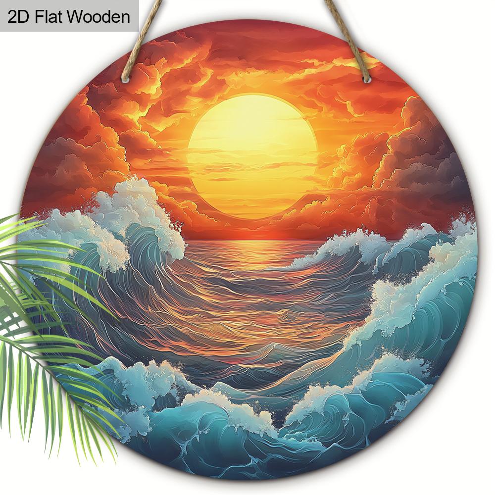 

5 шт. Подвесной деревянный знак с изображением океанских волн на восходе и закате солнца, 2D-плоское деревянное искусство, не требует питания, праздничный настенный декор на Рождество и все случаи жизни, для дома 5pcs