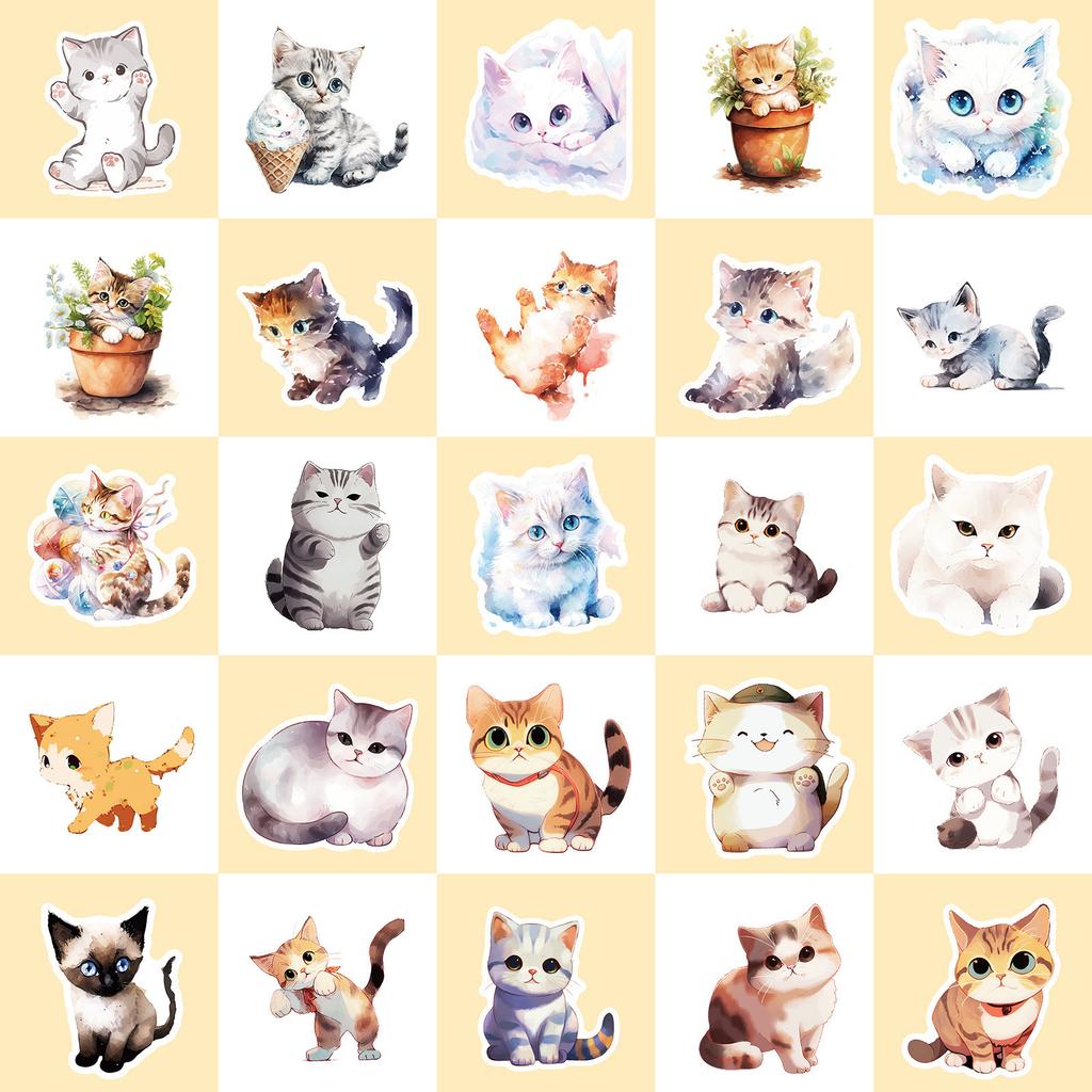 50 Plant Watercolor Cat Graffiti Stickers Creative Cute Ink Cat Hand Account Stickers