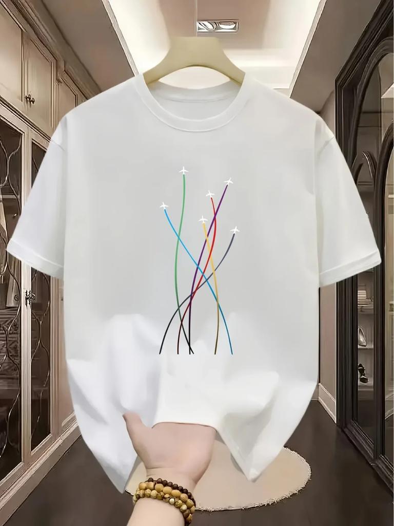 Heren Zomer 100% Katoen Kleurrijk Vliegtuig Bedrukt Casual Los Sport Rond Hals Korte Mouw T-shirt Top