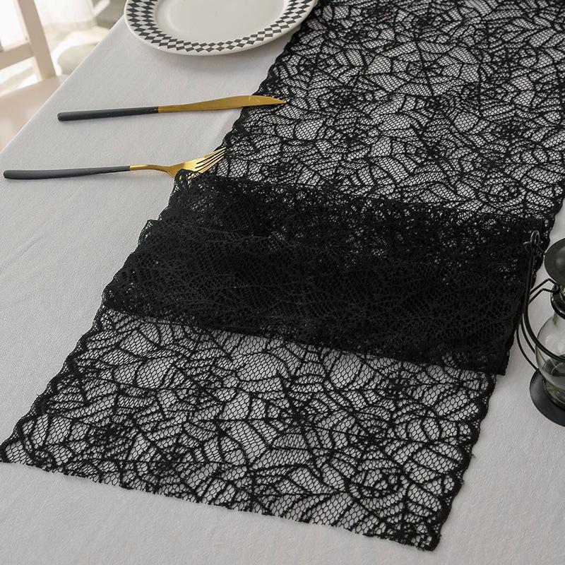 1pc Black Polyester Lace Spider Web Table Runner | American Halloween Party Gift Home Dining Decor, Ghost Festival, Festive Tabletop Accessory