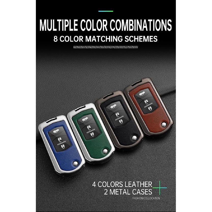 SANRILY PU Leather+Zinc Alloy 3/4 Button Remote Flip Key Fob Cover Compatible with Mazda 5 2 3 6 CX-7 CX-9 RX-8 Keyless Key Holder with Keychain