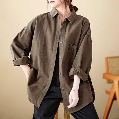 Shirt Women's Spring Women's Jacket Cotton and Linen Top Casual Black Loose Women's Shirt