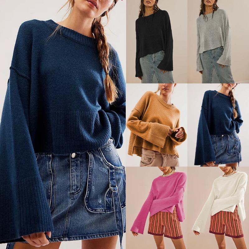 Women S Solid Color Round Neck Flare Sleeve Pullover Knit Sweater