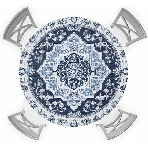 Бохо темно-синяя круглая скатерть, этническая геометрическая водонепроницаемая скатерть для стола на открытом воздухе, для столов 36-44 дюйма, юго-западная цветочная скатерть для обеденного стола 44  (Round)