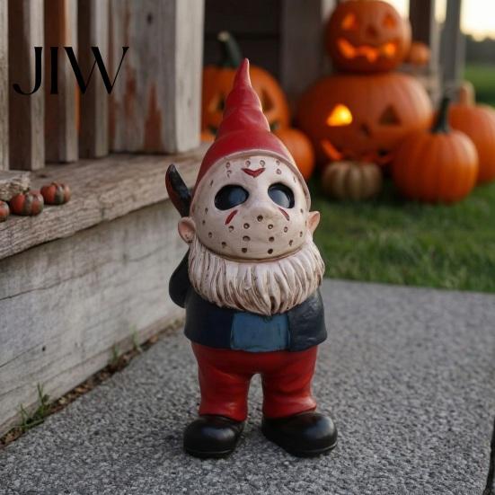 Unique Personalized Halloween Gifts Voorhees Resin Figurine, Cute Horror Hockey Mask Gnome Statue Decorations with Knife, Distressed Hand-Painted