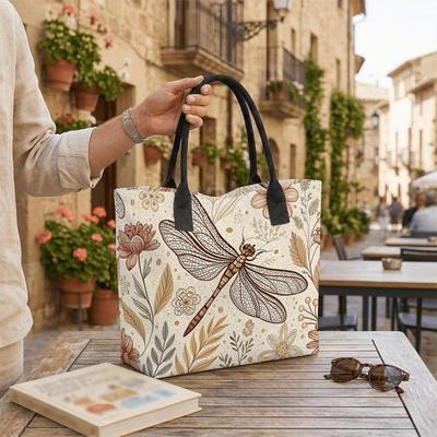 Boho Floral Dragonfly Print Tote Bag Casual Large Capacity Shoulder Handbag for Daily Use