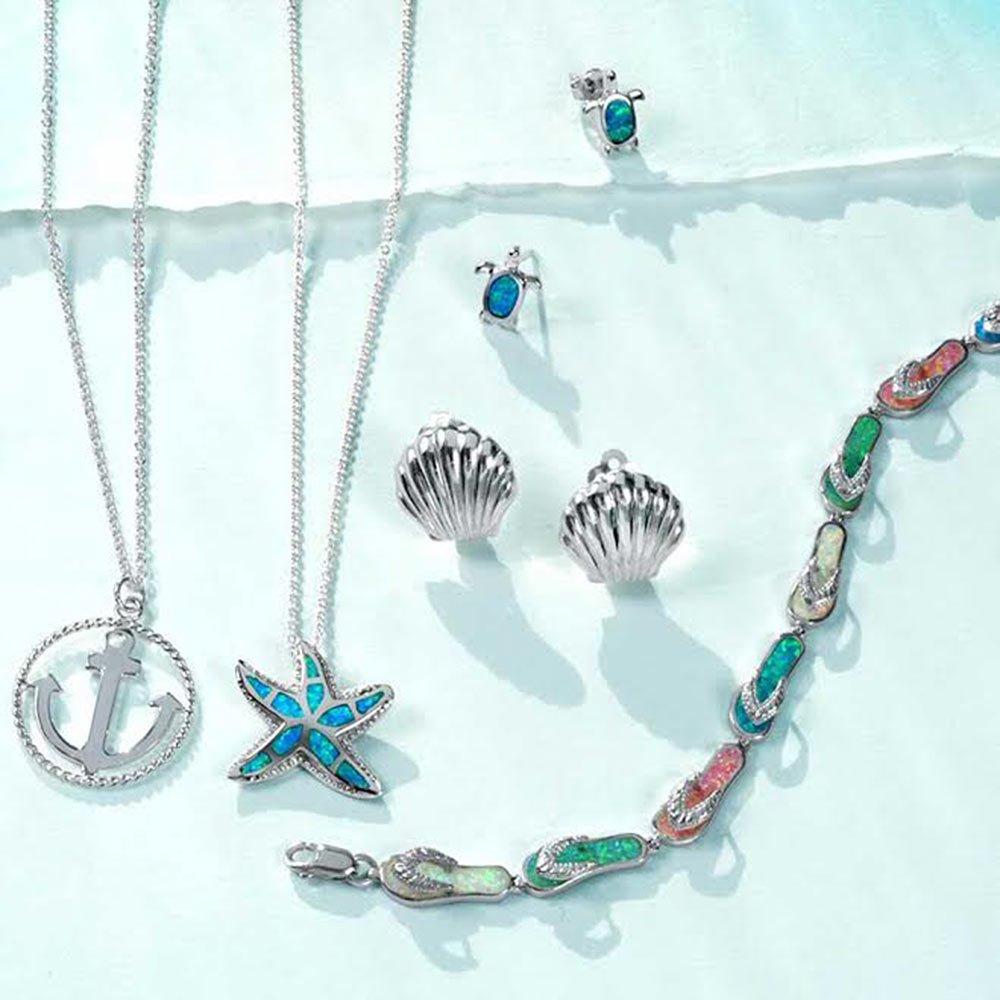 Nautical Beach Pendant Blue Inlay Created Opal Starfish Pendant Necklace for Women for Teens Sterling .925 Silver.
