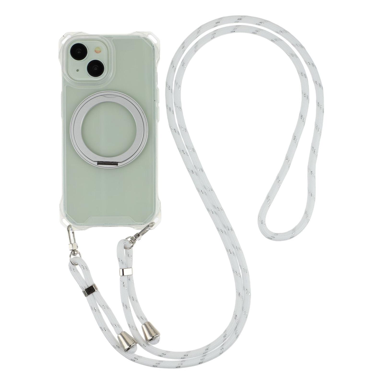 

For iPhone 15 Magnetic Case Ring Kickstand TPU+PC Phone Cover with Lanyard Transparent