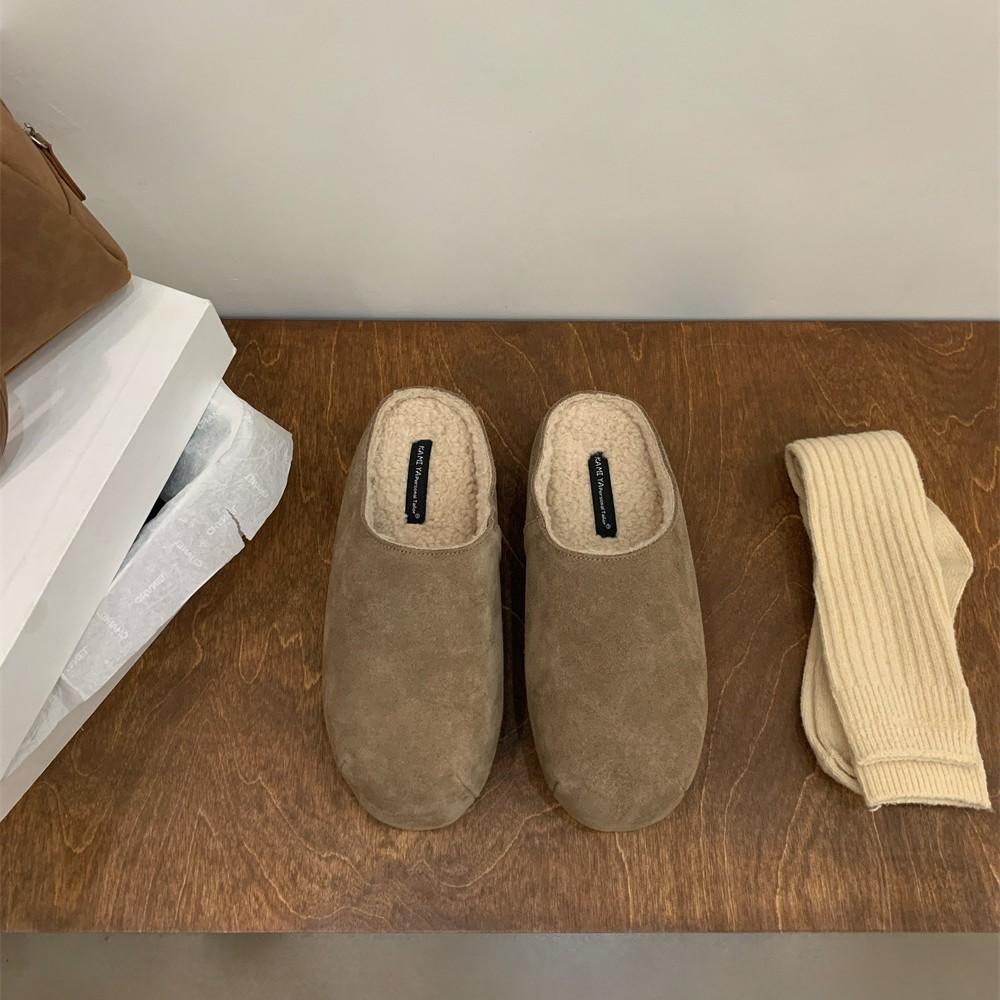 2025 Autumn and Winter New Round Head Leather Matte Casual Boken Velvet Warm Beans Pregnant Women Half Drag Single Shoes