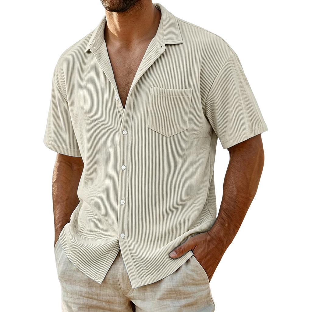 Men Corduroy Shirt Short Sleeve Button Down Casual Loose Fit Collar Pocket Striped Lightweight Summer Shirt