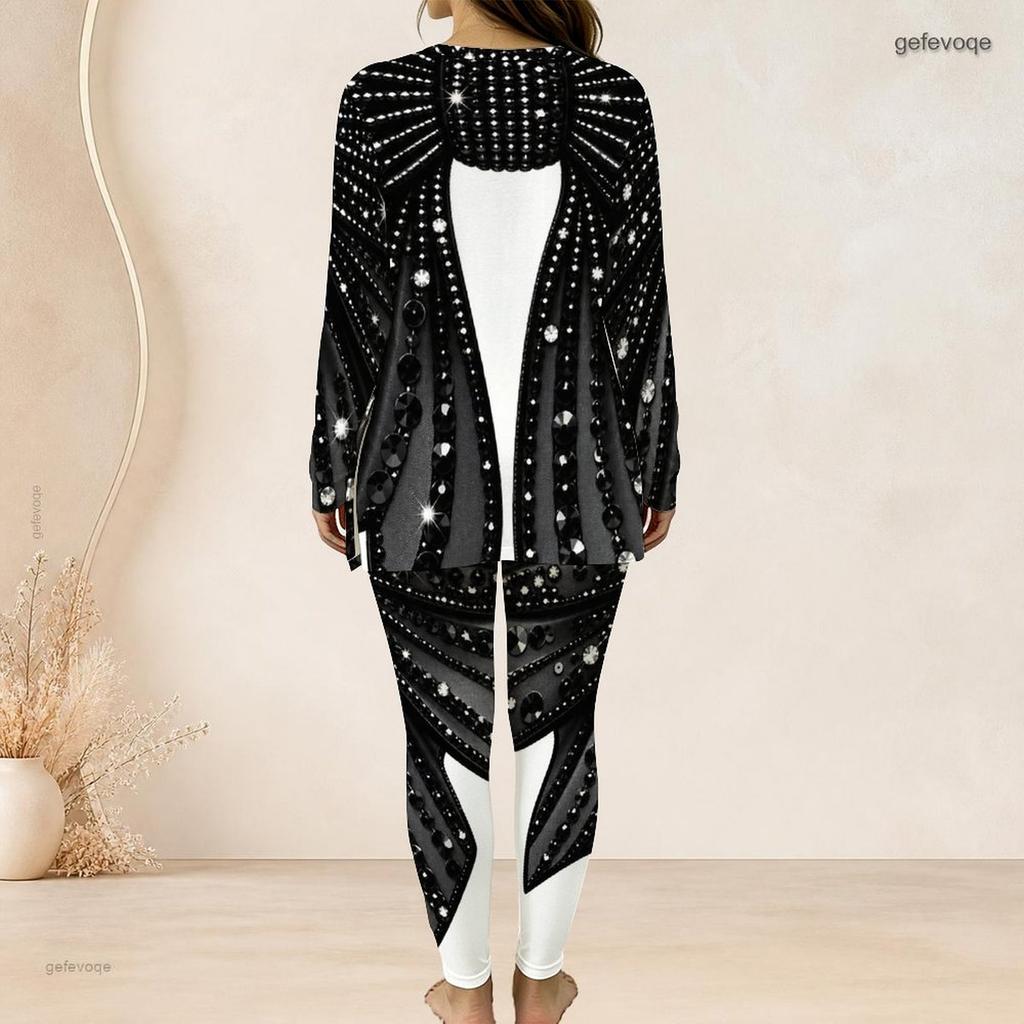 Women Plus Size Two Piece Pants Set Half Zip Neck Long Sleeve Printed Longline Top Fitted Pants Black White