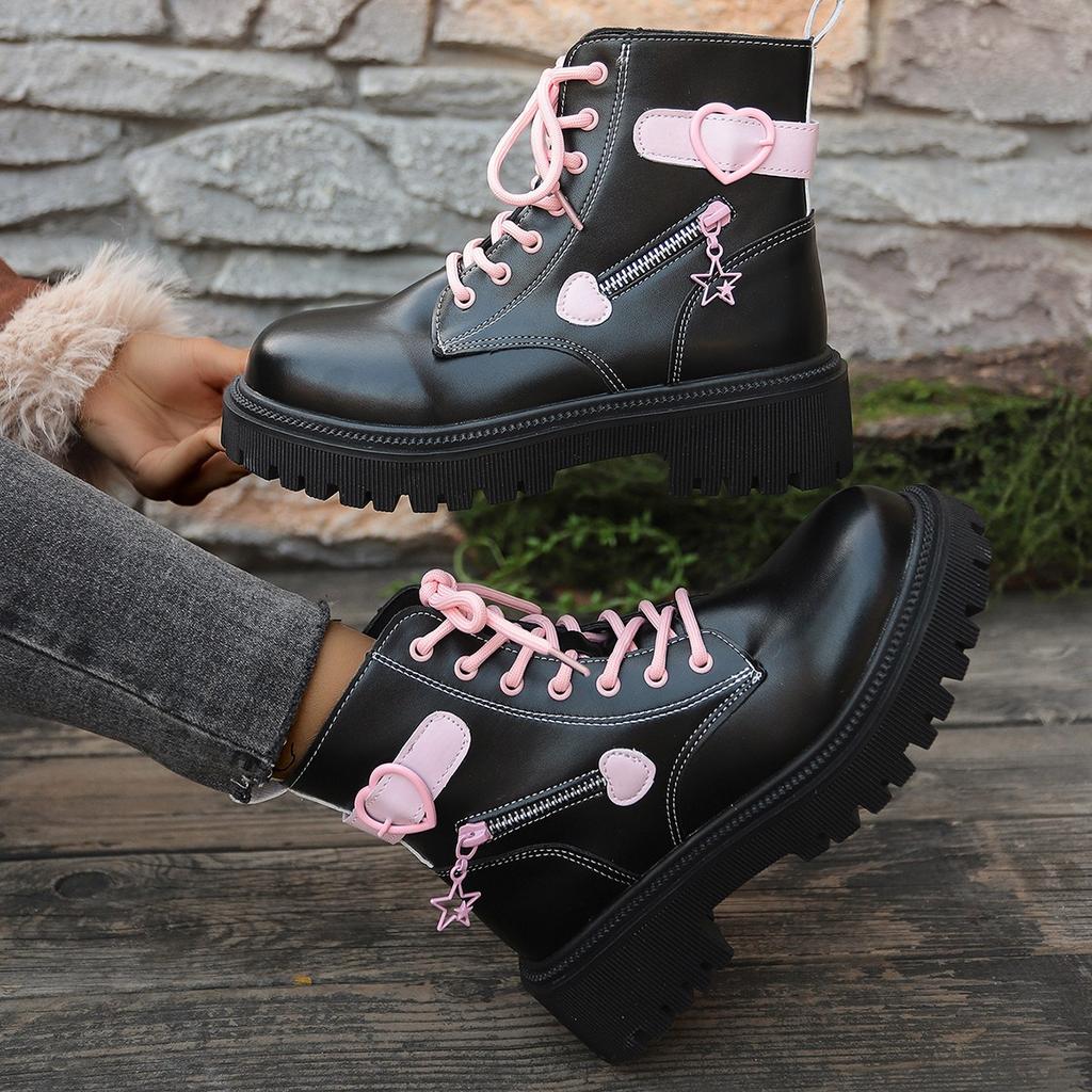 Girls Pink Love Martin Boots Women's 2025 Autumn Thick-soled British Style Student Short Boots Show Small Lace-up Single Boots Tide