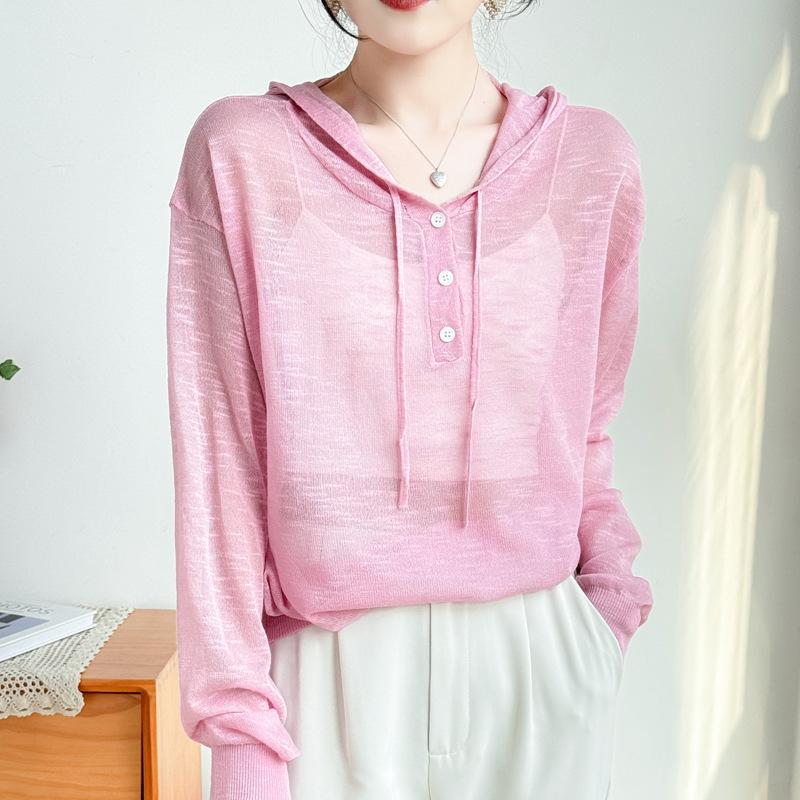 Nový letní lněný pletený svetr s kapucí s bambusovým žebrováním a jednobarevnou ležérní základní vrstvou