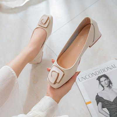 Soft Leather Single Shoes Women's Spring Square Buckle Thick Heel Medium Heel Soft Leather Square Head Grandma Shoes Soft Sole Shoes